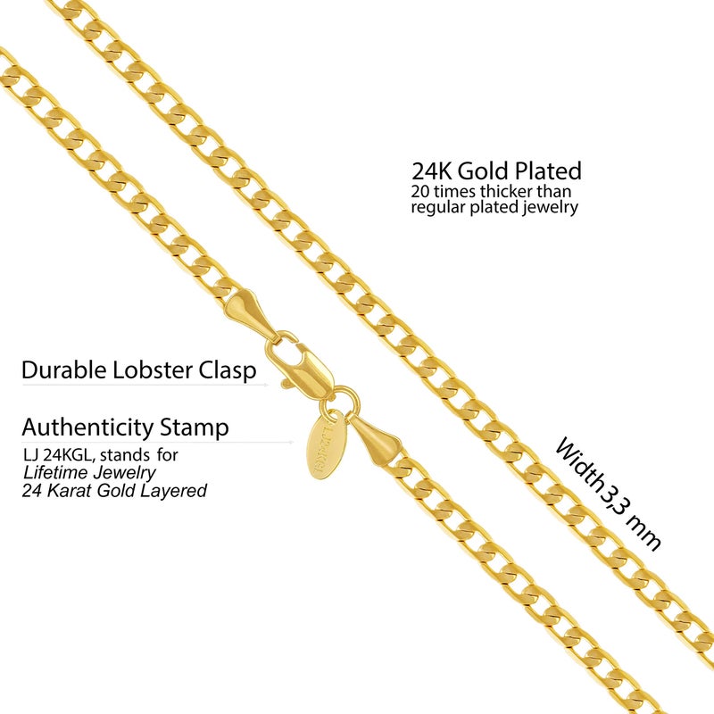 LIFETIME JEWELRY Beveled Cuban Link Curb Chain Necklaces 24k Real Gold Plated (3mm, 6mm & 9.5mm) (16 inches, 3mm, Gold) - Image 4